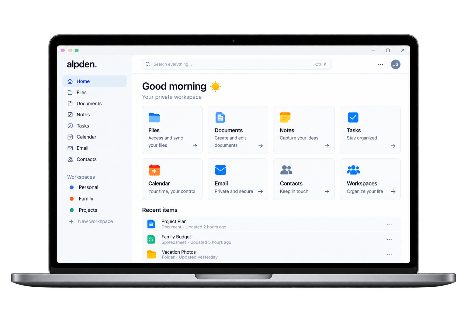 Alpden workspace concept with files, documents, notes, tasks and calendar